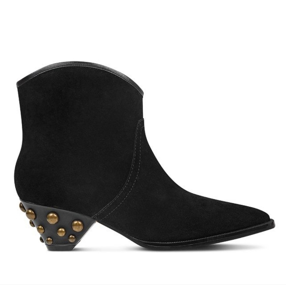 NEW Marc Fisher Rippa Womens Black Suede Gold Studded Ankle Boots Moto Western